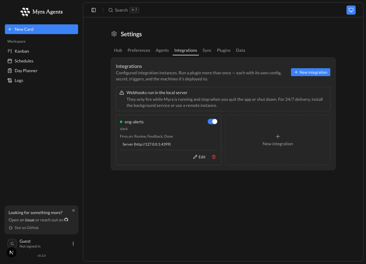 Integrations panel with a Slack webhook firing on Review, Feedback and Done