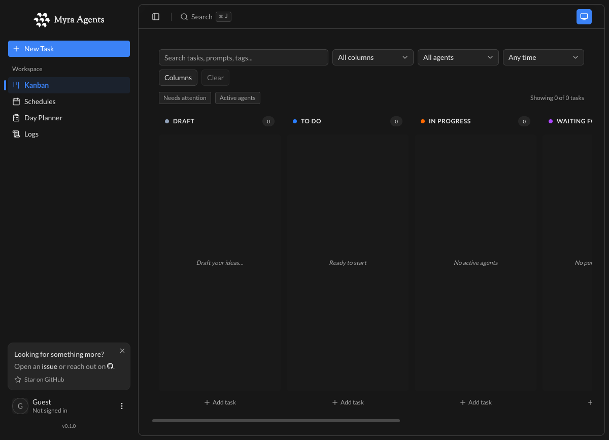 Myra Agents Kanban board with Draft, To Do, In Progress and Waiting lanes