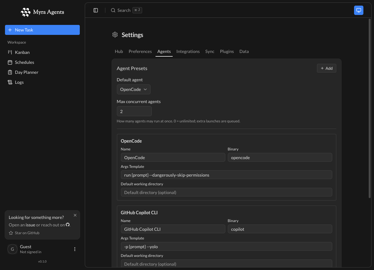 Agent presets: OpenCode and GitHub Copilot CLI with binary and args template